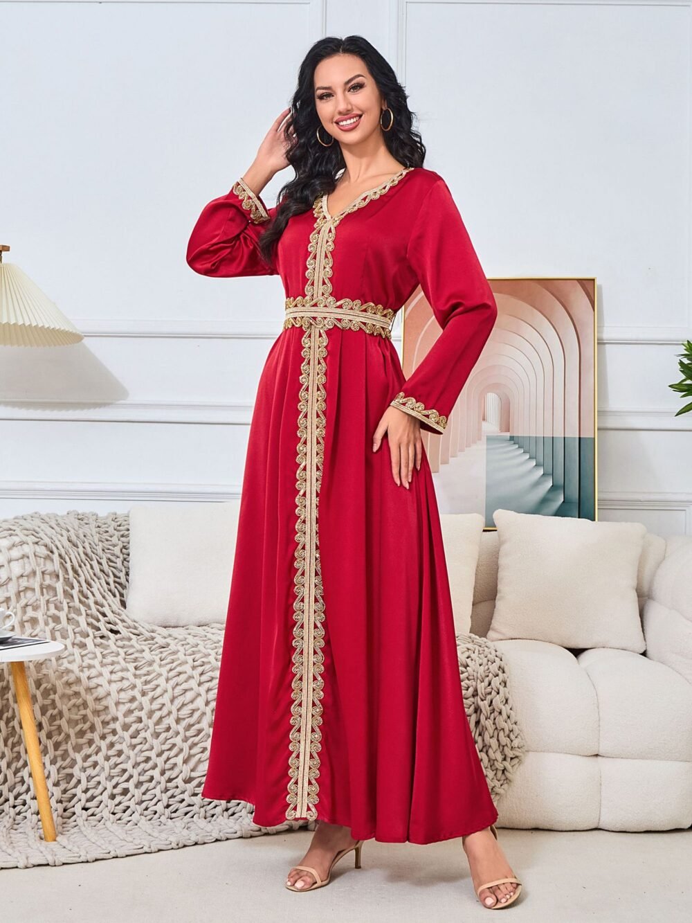 Beaded Red Kaftan Dress With Belt