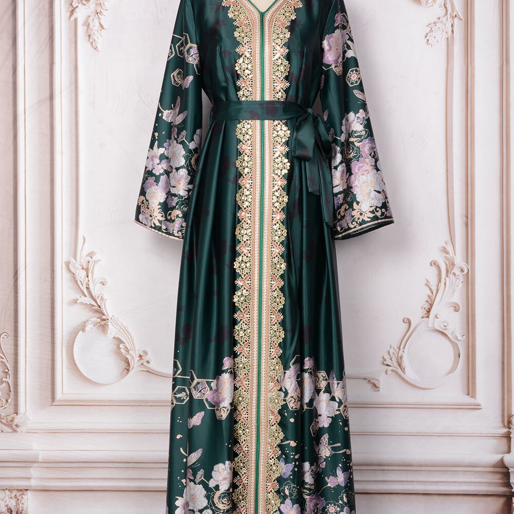 Floral Embroidered Green Kaftan Dress