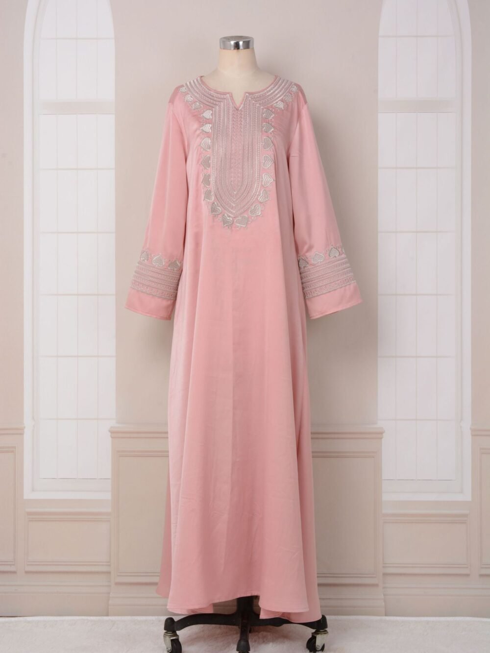 Notched Collar Solid Color Embroidered Kaftan Dress