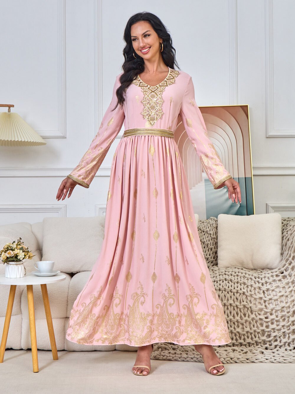 Gold Foil Belted Moroccan Pink Caftan