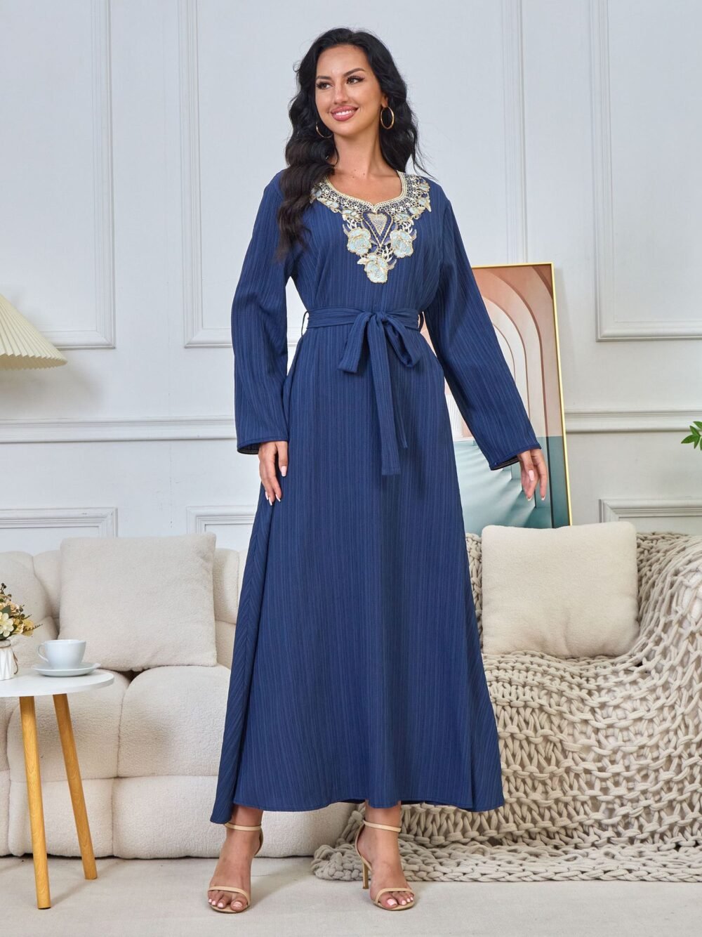 Floral Embroideried Muslim Belted Midi Dress