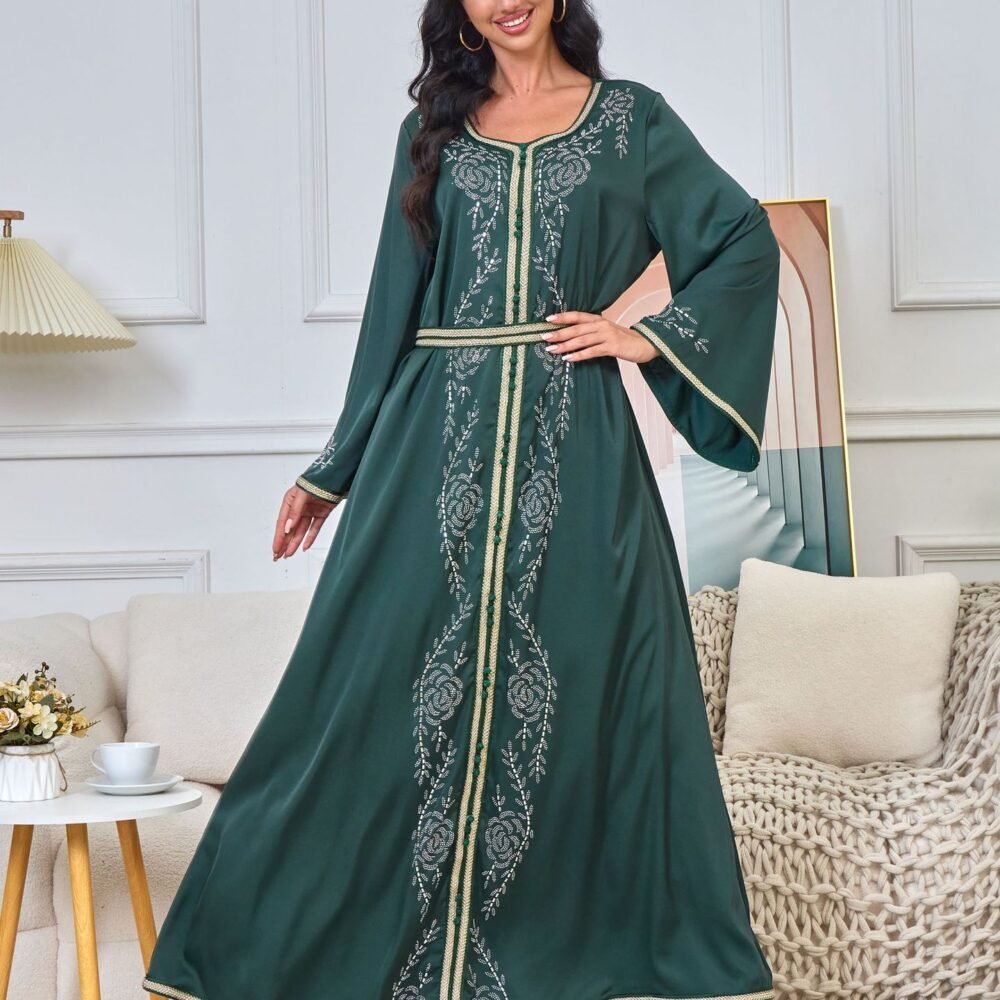 Hot Drilling Diamond Belted Kaftan Rhinestone Dress