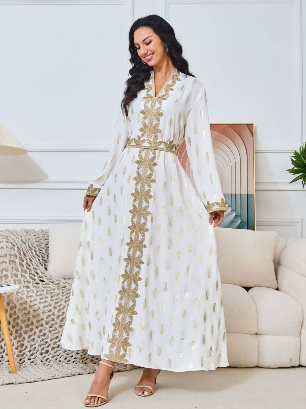 Gold Foil Trim Embellishment Muslim Kaftan Dress