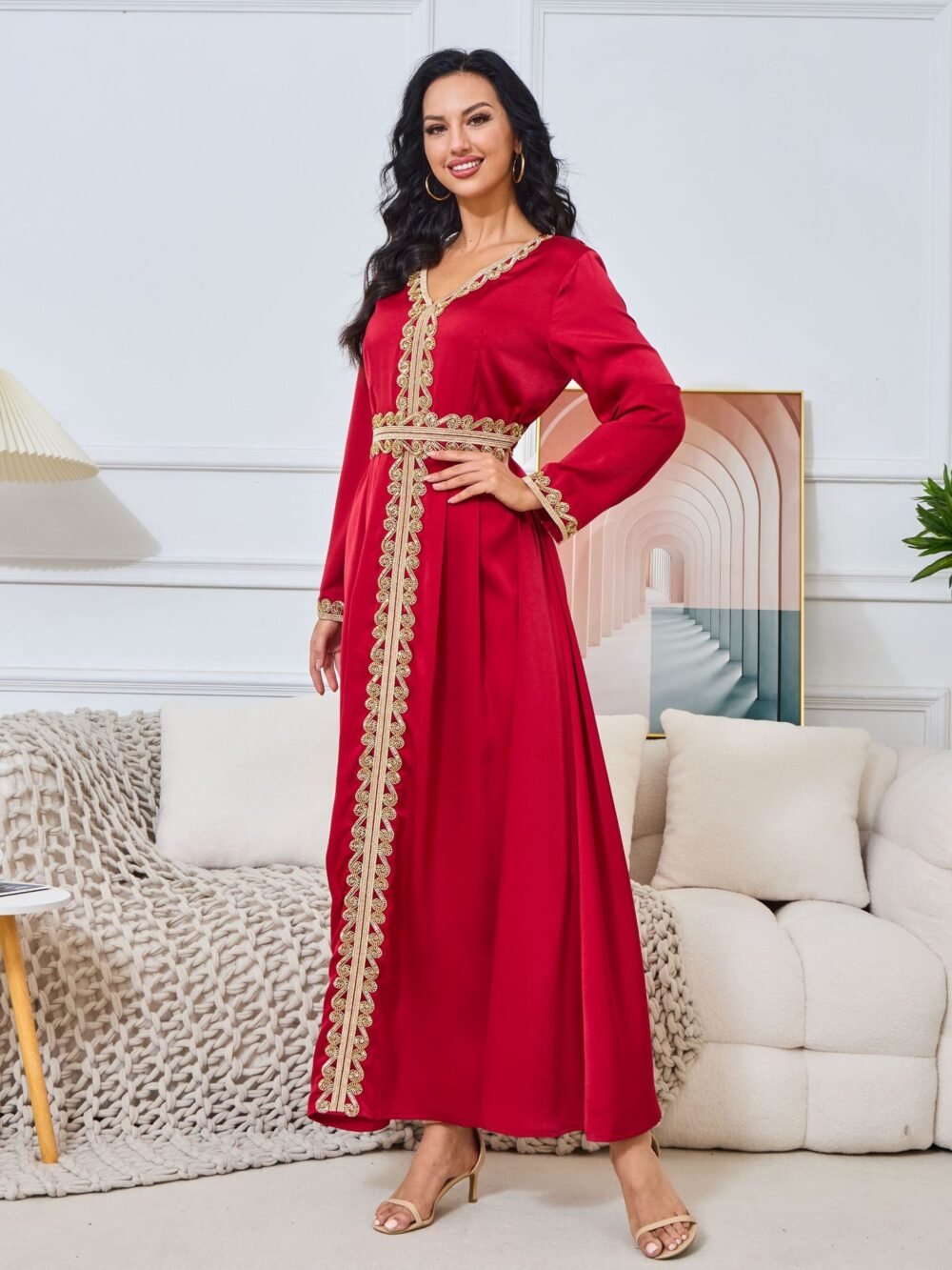 Beaded Red Kaftan Dress With Belt