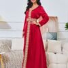 Beaded Red Kaftan Dress With Belt