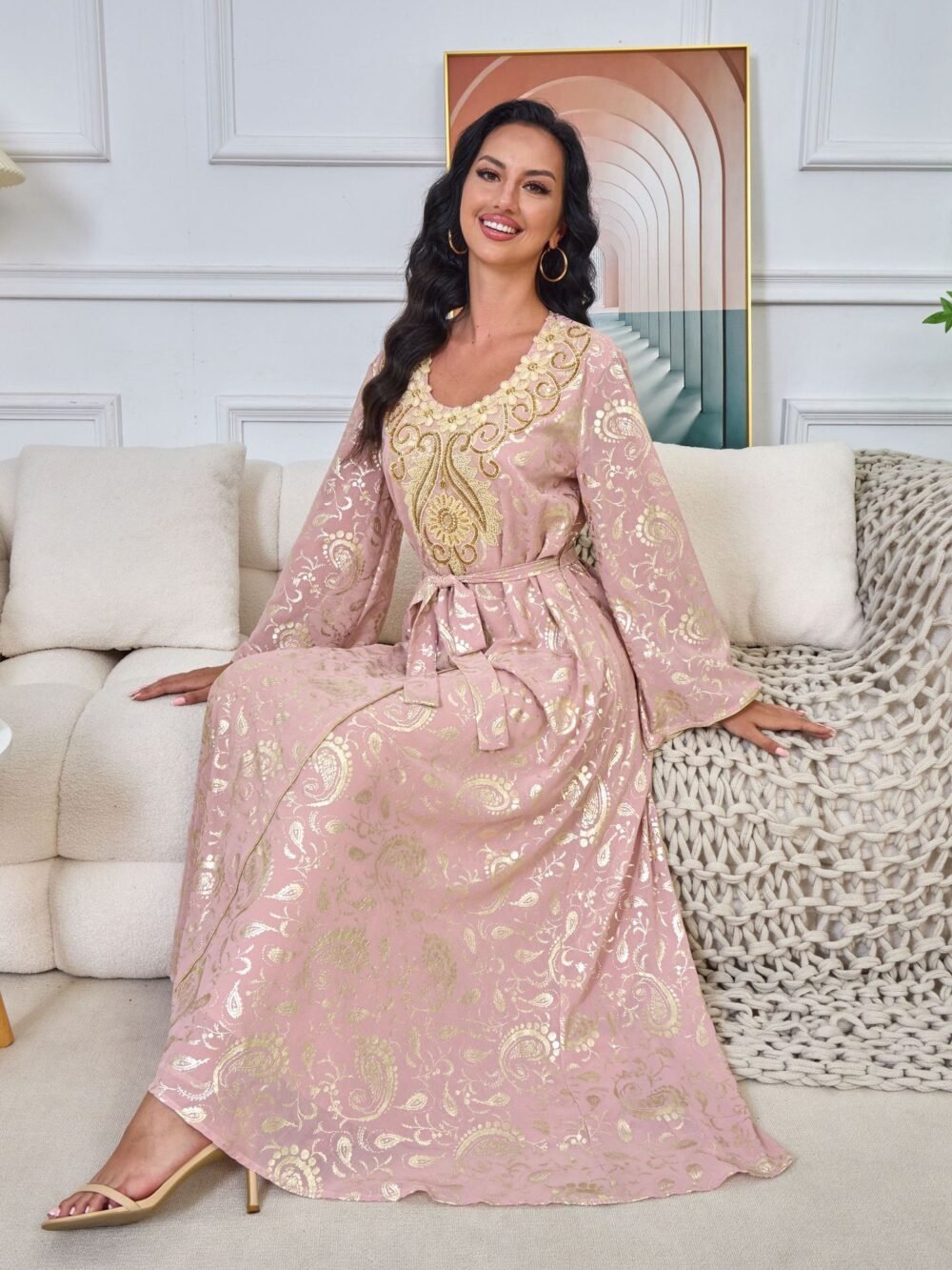 Gold Foil Embroidered Islamic Dress Muslim Pink Caftan