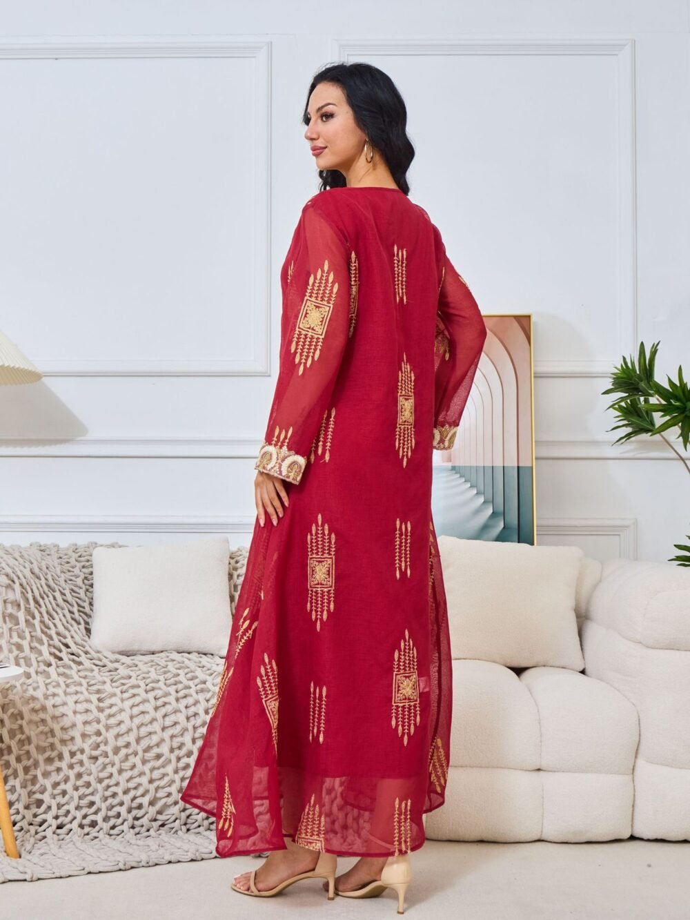 Beaded Embroidered Chiffon Red Kaftan