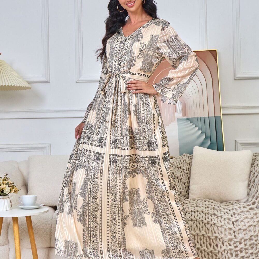 V Neckline Printed Pleated Abaya Dress