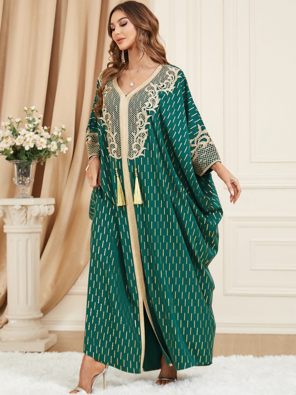 Gold Foil Tassel Decor Green Muslim Kaftan