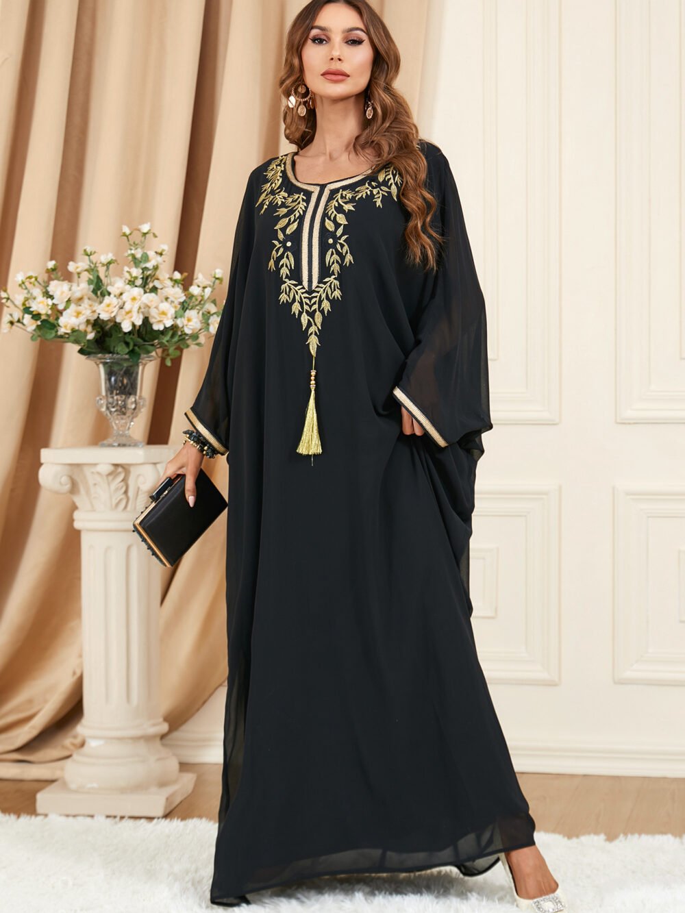 Tassel Decor Embroidered Black Chiffon Katan