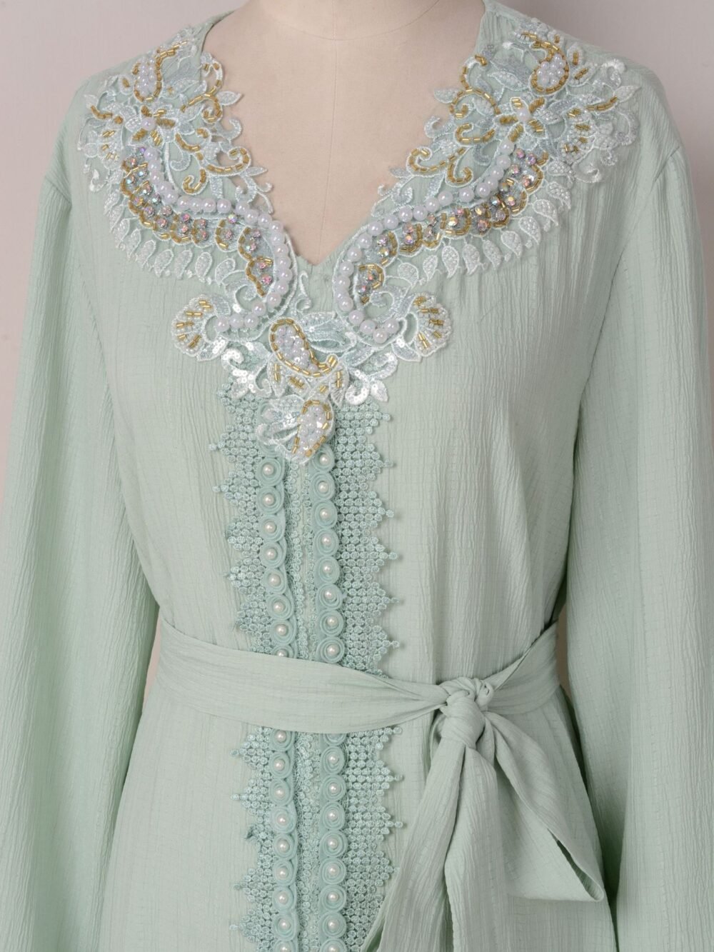 Pearl Decor Beads Embroidered Mint Green Kaftan Dress