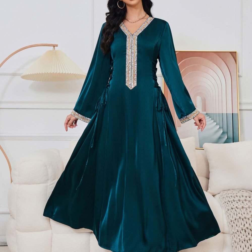 Lace Up embellishment Dark Green Muslim Abaya Dress