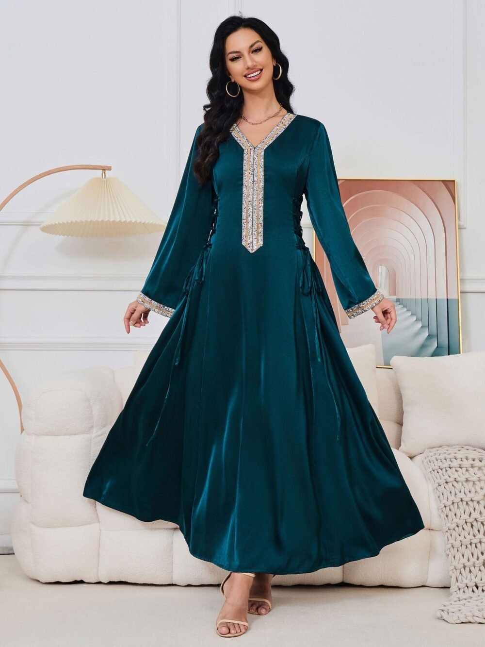 Lace Up embellishment Dark Green Muslim Abaya Dress