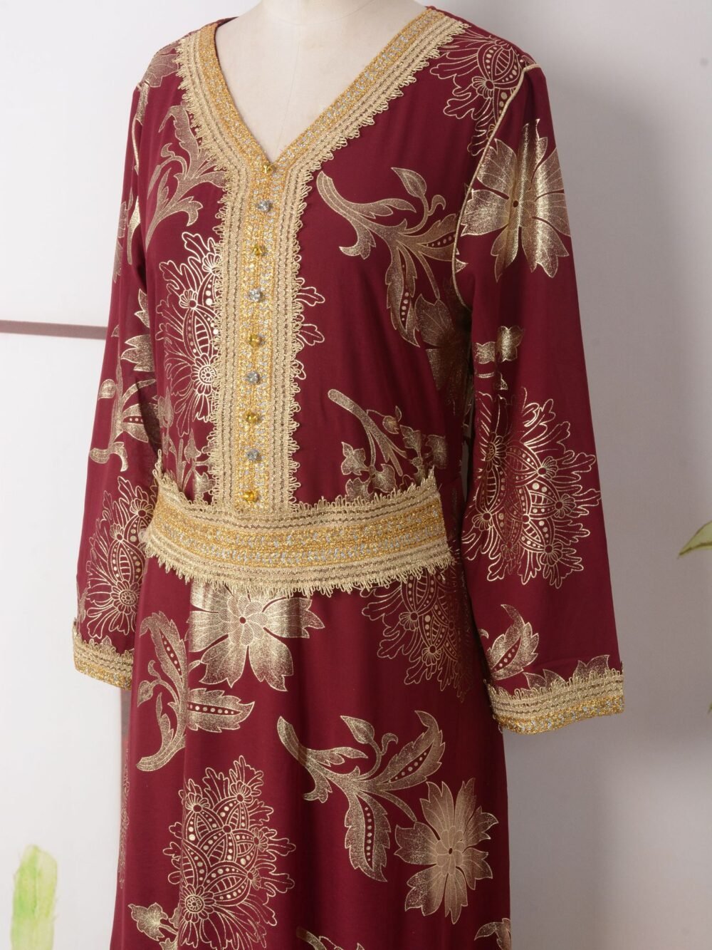 Gold Foil Belted Kaftan Dress