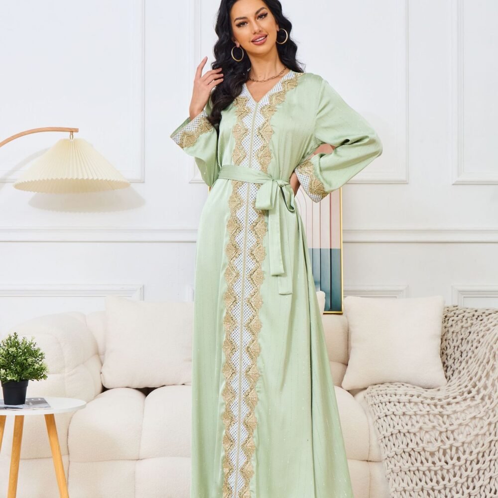 Beaded Embroidery Green Belted Kaftan Dress