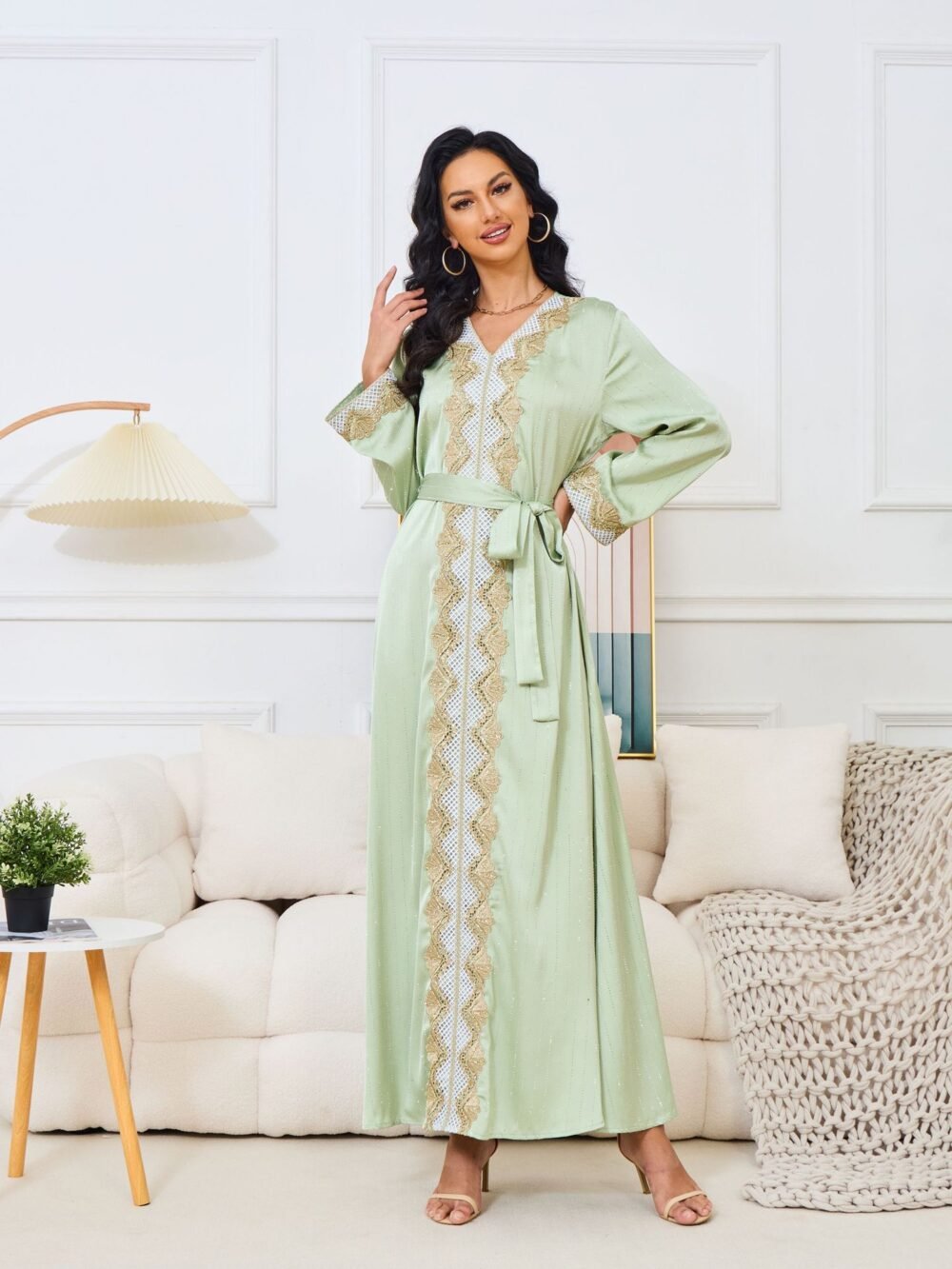 Beaded Embroidery Green Belted Kaftan Dress