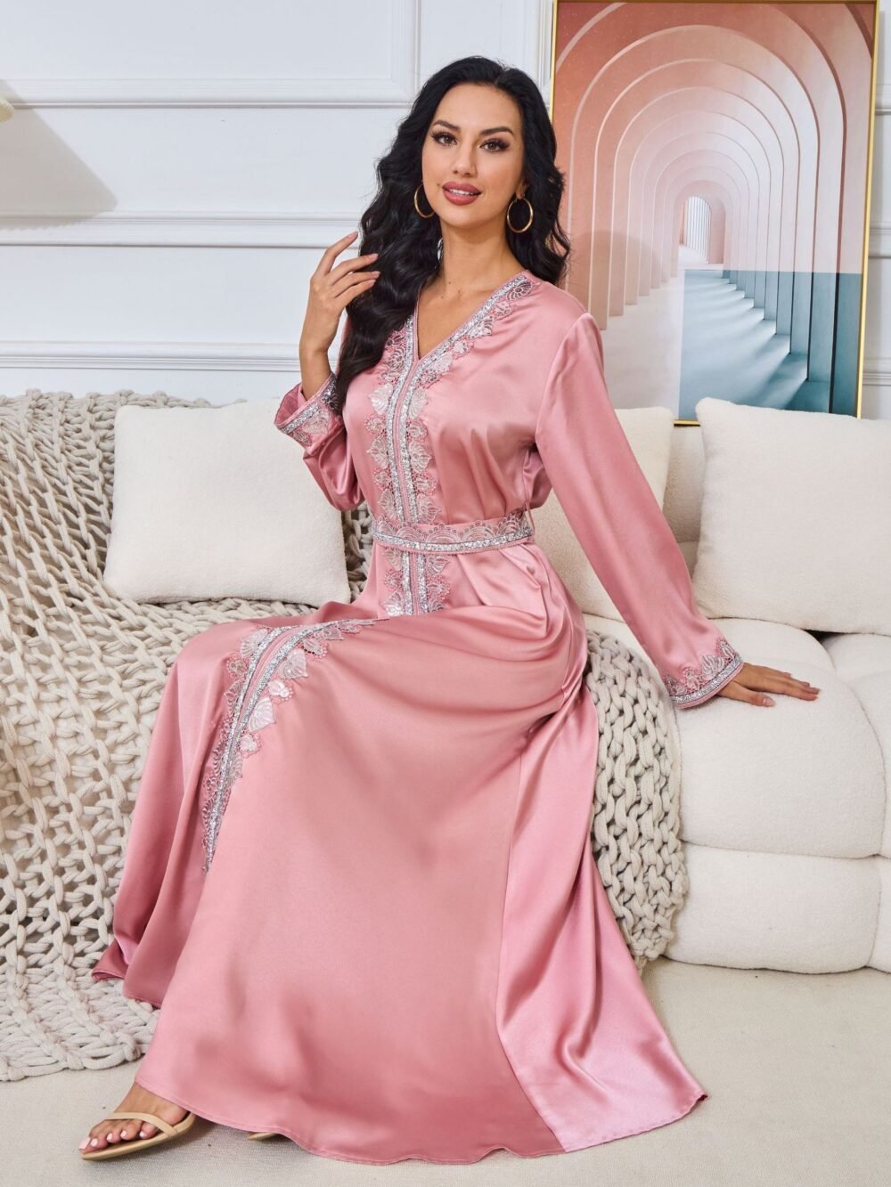 V Neckline Embellishment Pink Belted Kaftan Dress