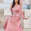 V Neckline Embellishment Pink Belted Kaftan Dress