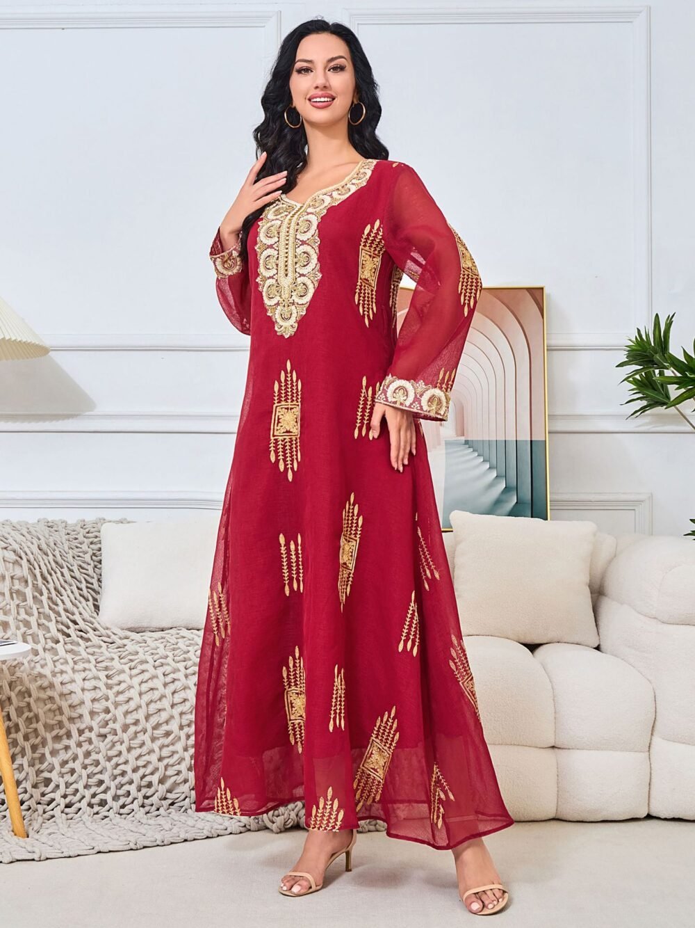 Beaded Embroidered Chiffon Red Kaftan