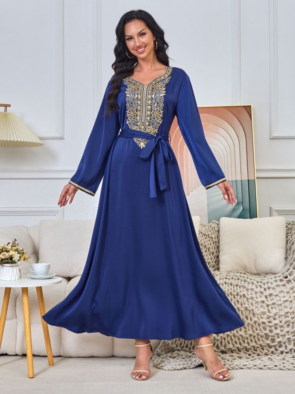 Beaded Embroidered Muslim Blue Caftan Dress