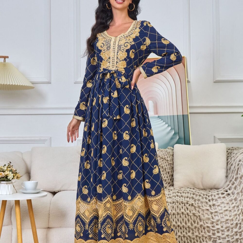 V Neckline Beaded Embroidered Women Blue Caftan Party Dress With Belt