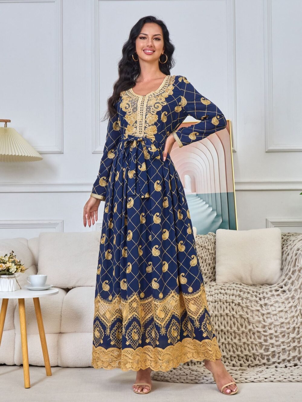 V Neckline Beaded Embroidered Women Blue Caftan Party Dress With Belt