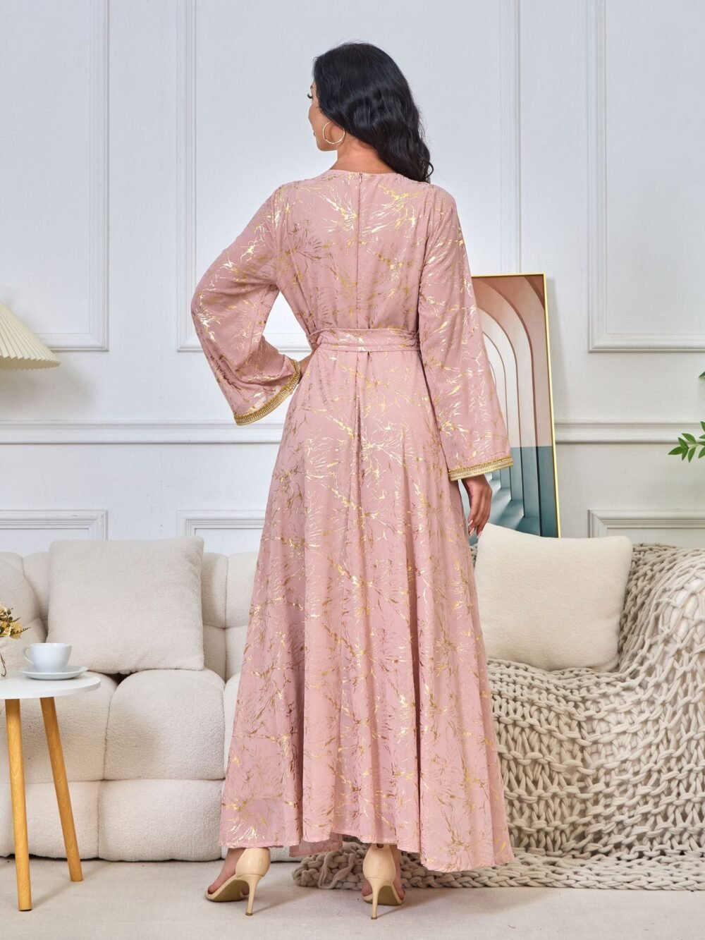 Gold Foil Pattern Bell Sleeve Muslim Caftan Dress