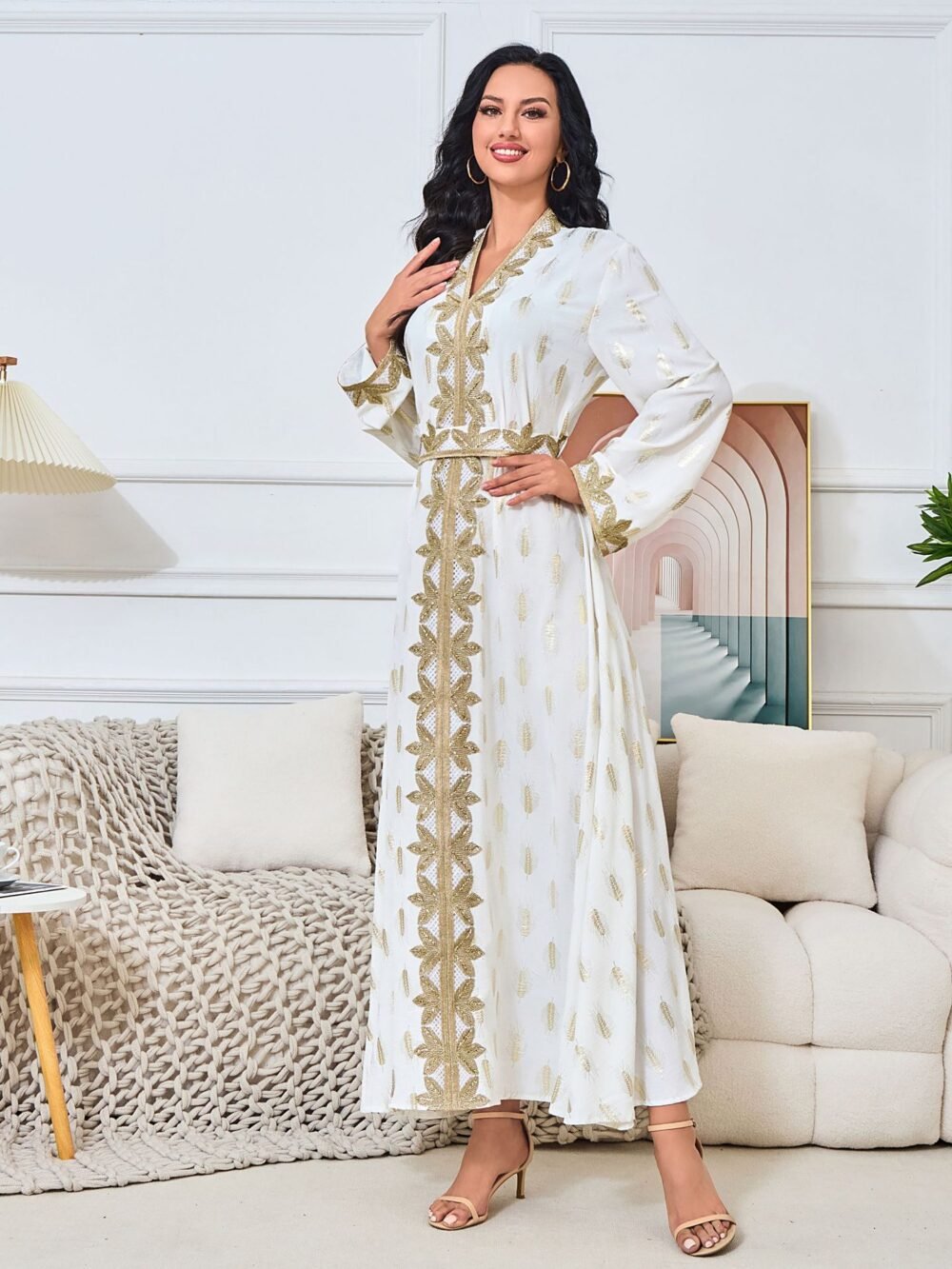 Gold Foil Trim Embellishment Muslim Kaftan Dress