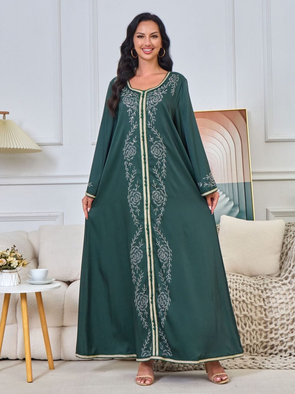 Hot Drilling Diamond Belted Kaftan Rhinestone Dress