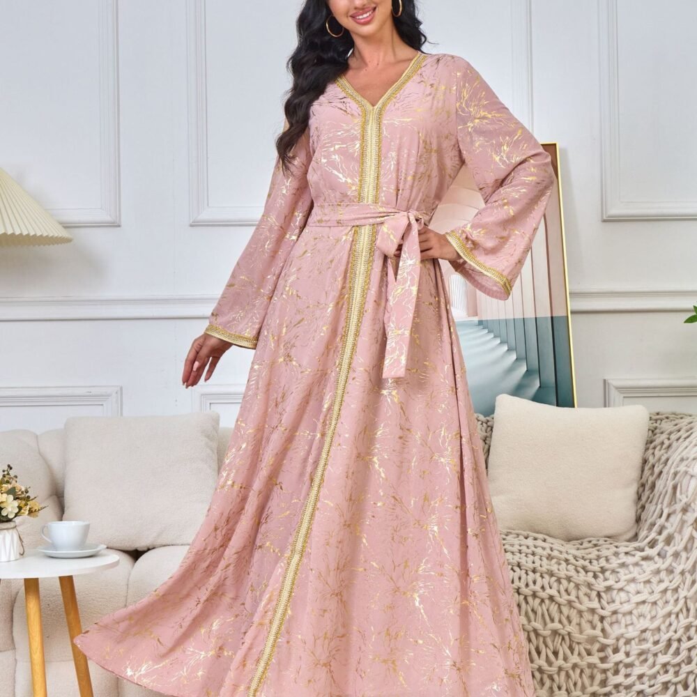 Gold Foil Pattern Bell Sleeve Muslim Caftan Dress