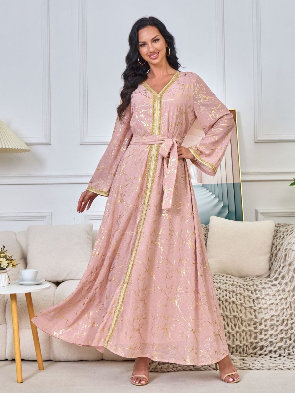 Gold Foil Pattern Bell Sleeve Muslim Caftan Dress