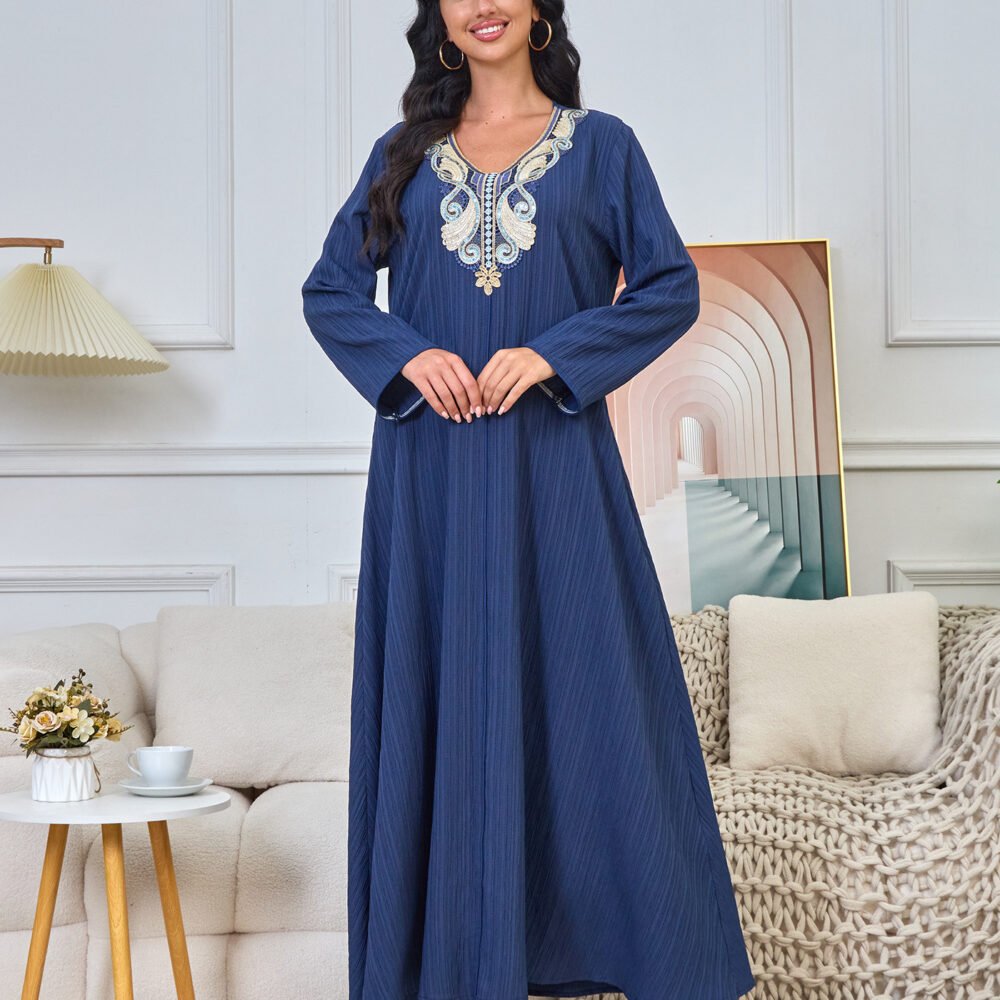 Muslim Modest Maxi Blue Embroideried Dress