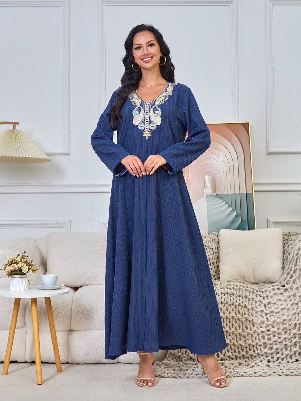 Muslim Modest Maxi Blue Embroideried Dress