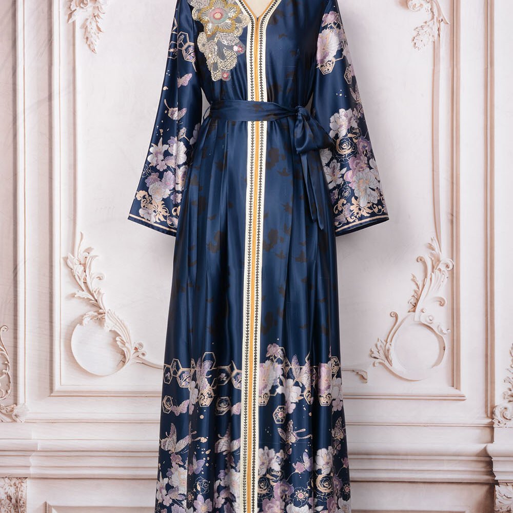 Floral Embroidered Blue Modern Abaya Robe Dress