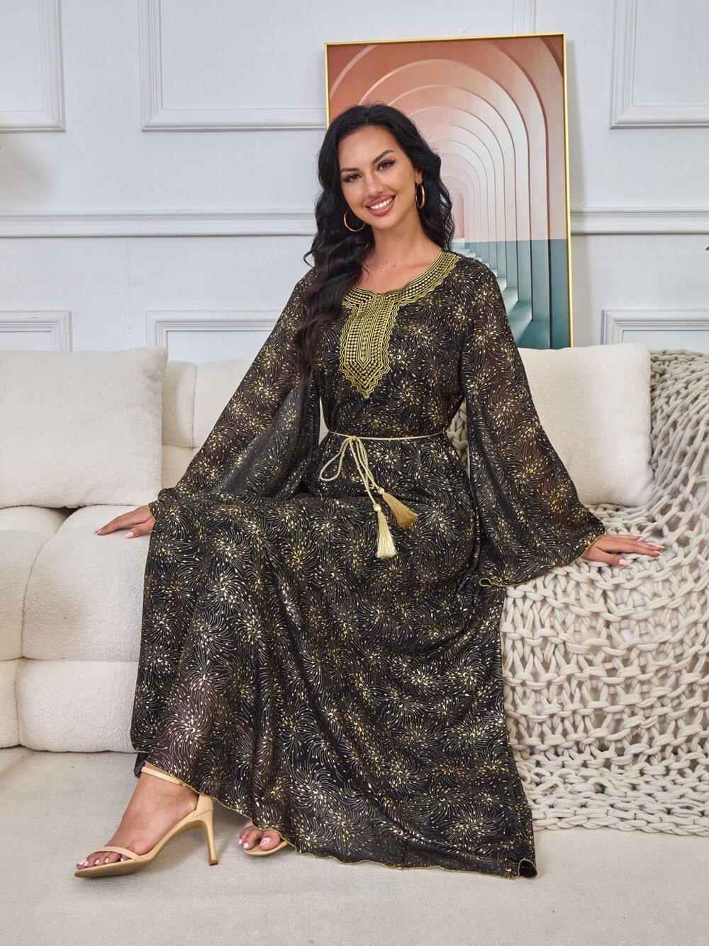 Embroidered Diamonds Muslim Women Black Caftan Dress