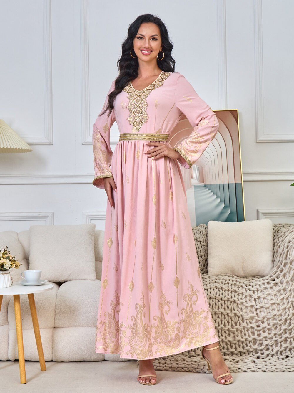 Gold Foil Belted Moroccan Pink Caftan