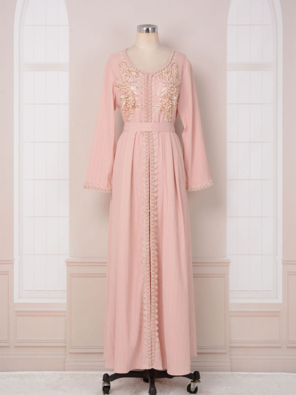 Pearl Decor Beads Embroidered Pink Kaftan Dress