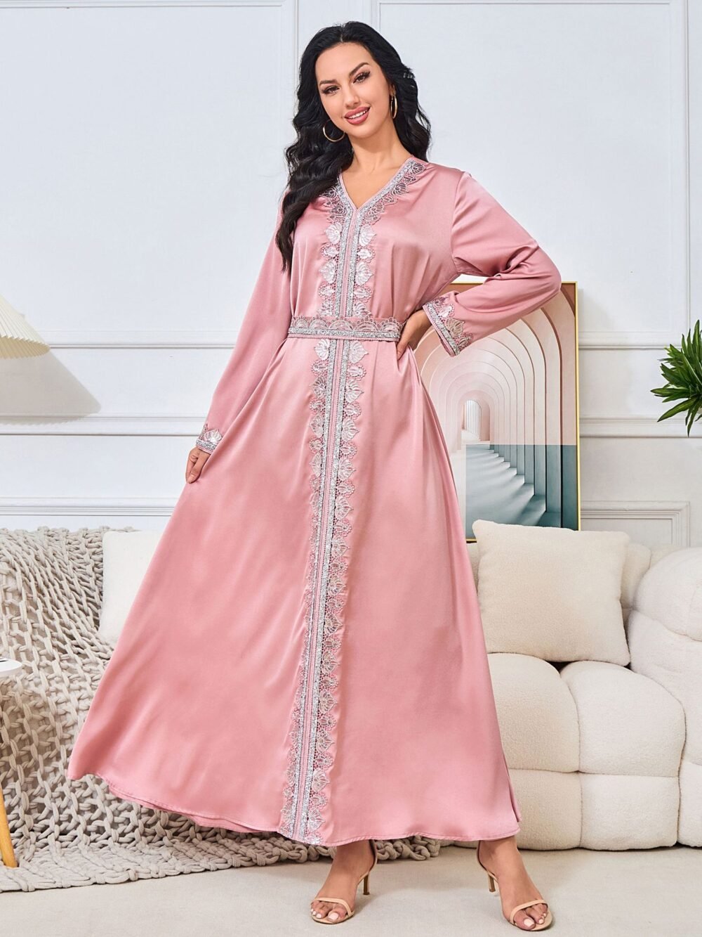 V Neckline Embellishment Pink Belted Kaftan Dress