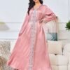 V Neckline Embellishment Pink Belted Kaftan Dress