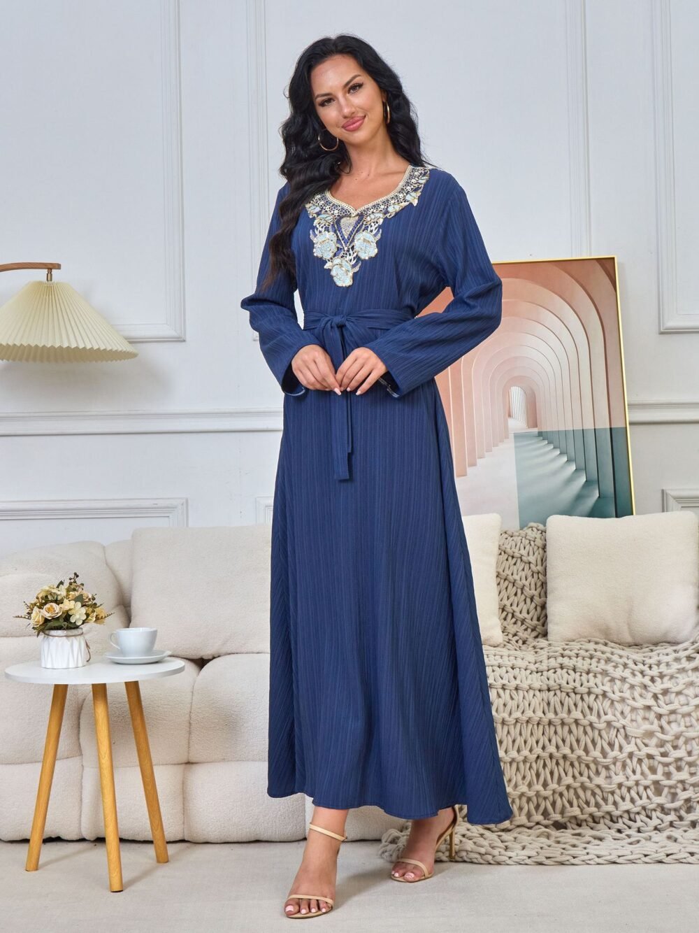 Floral Embroidered Muslim Belted Midi Dress