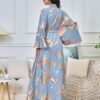 Gold Foil Leaf Bell Sleeve Button Front Belted Caftan Dress