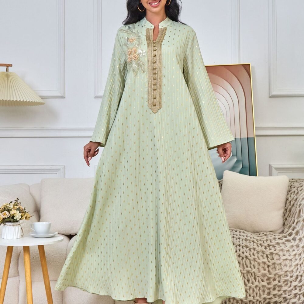 V Notched Collar Beaded Muslim Caftan Dress