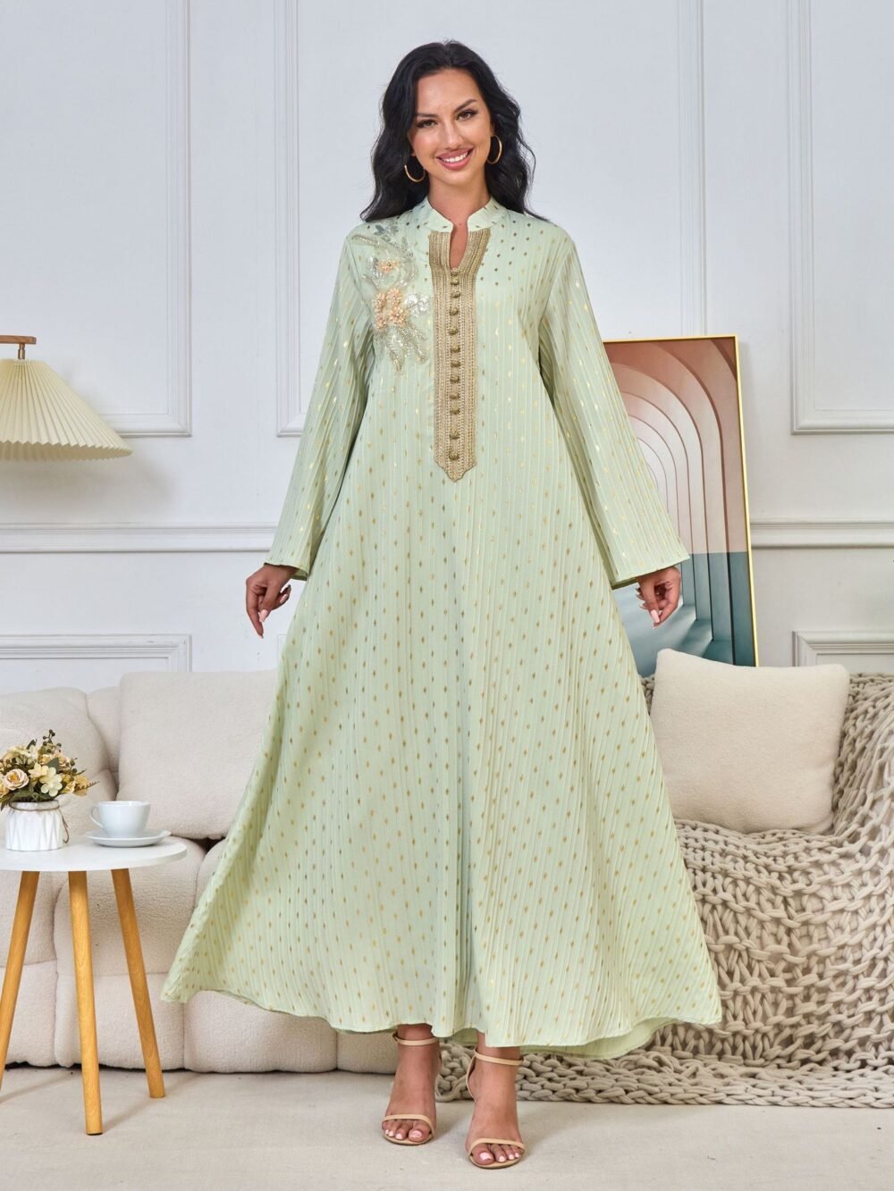 V Notched Collar Beaded Muslim Caftan Dress