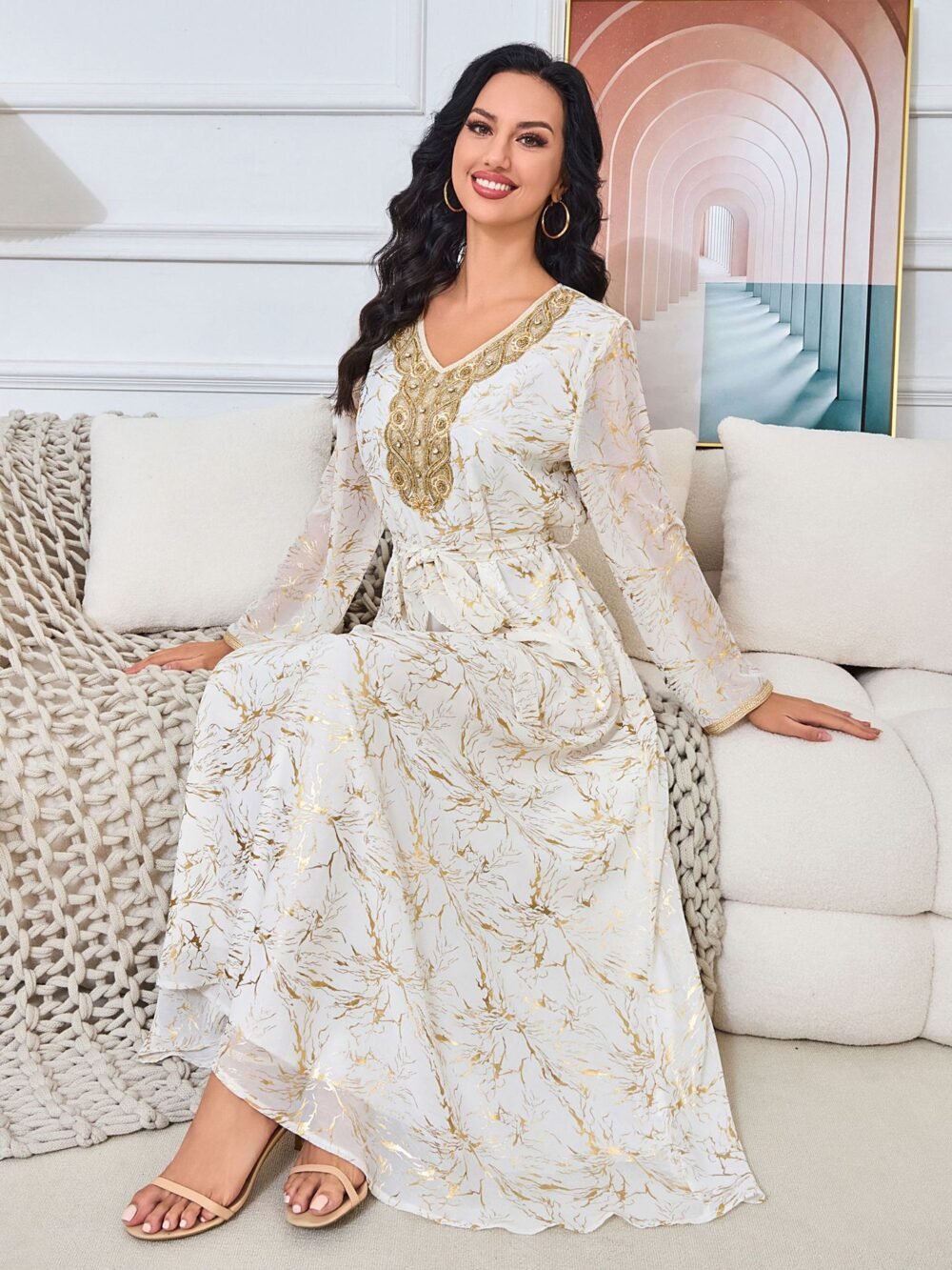 Gold Foil Diamond Embroidered Kaftan Dress