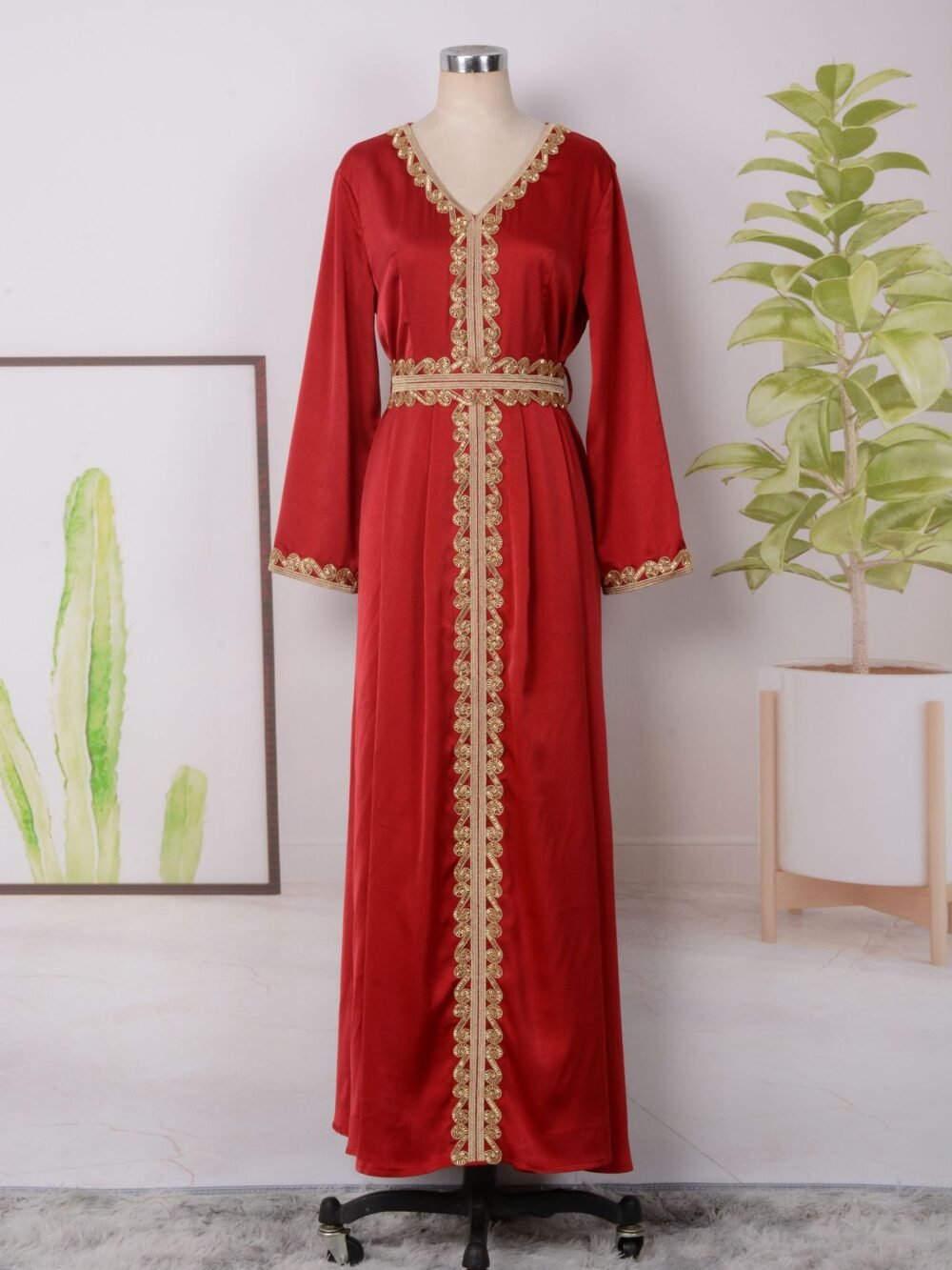 Beaded Red Kaftan Dress With Belt