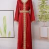 Beaded Red Kaftan Dress With Belt