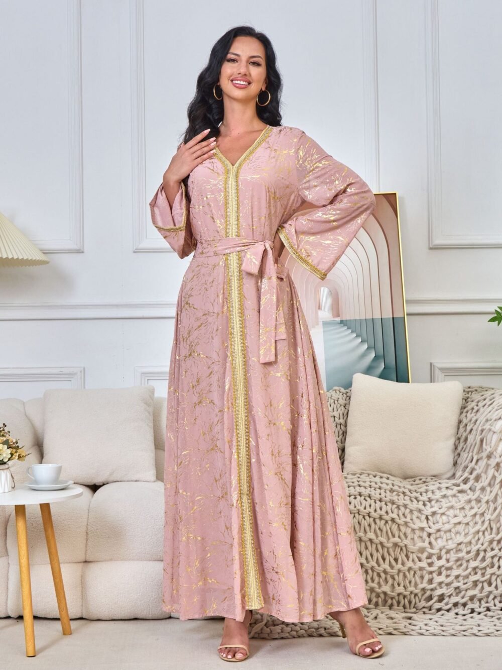 Gold Foil Pattern Bell Sleeve Muslim Caftan Dress