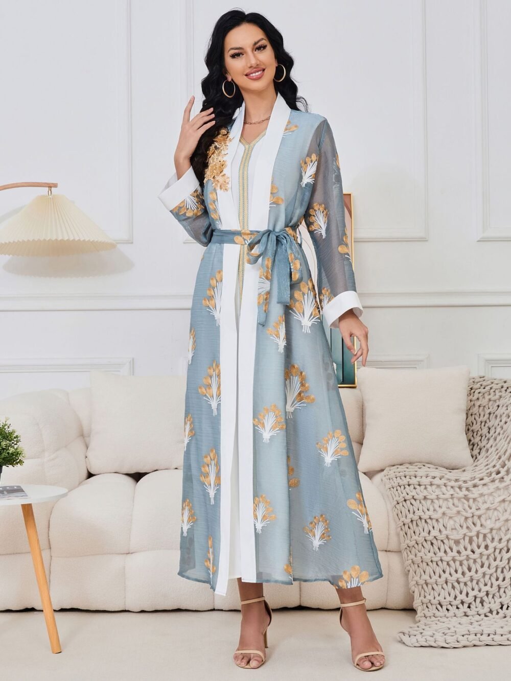 2 Pieces Set Beaded Embroidery Belted Abaya Dress