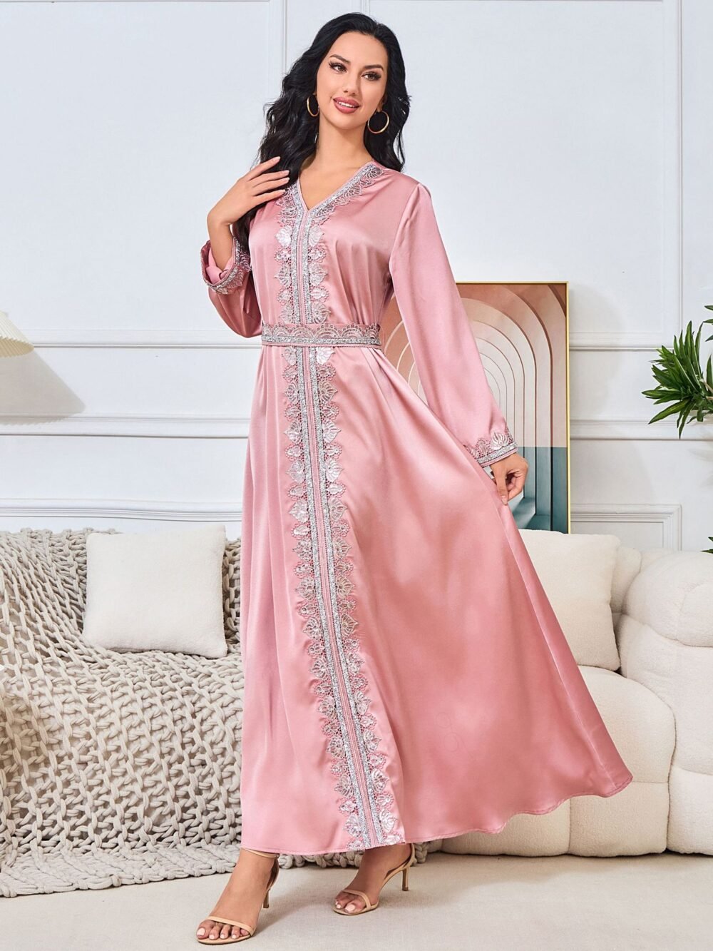 V Neckline Embellishment Pink Belted Kaftan Dress