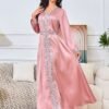 V Neckline Embellishment Pink Belted Kaftan Dress